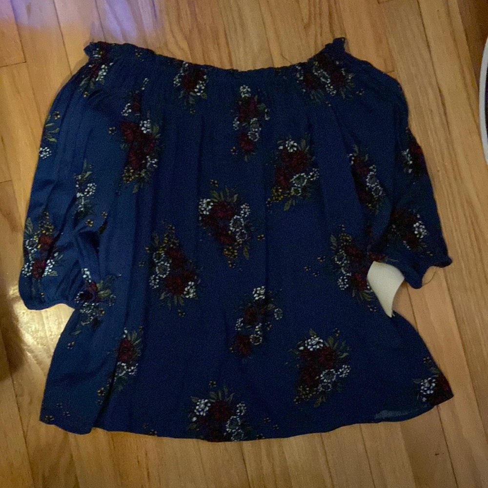 Dark blue off the shoulder blouse with maroon flowers
